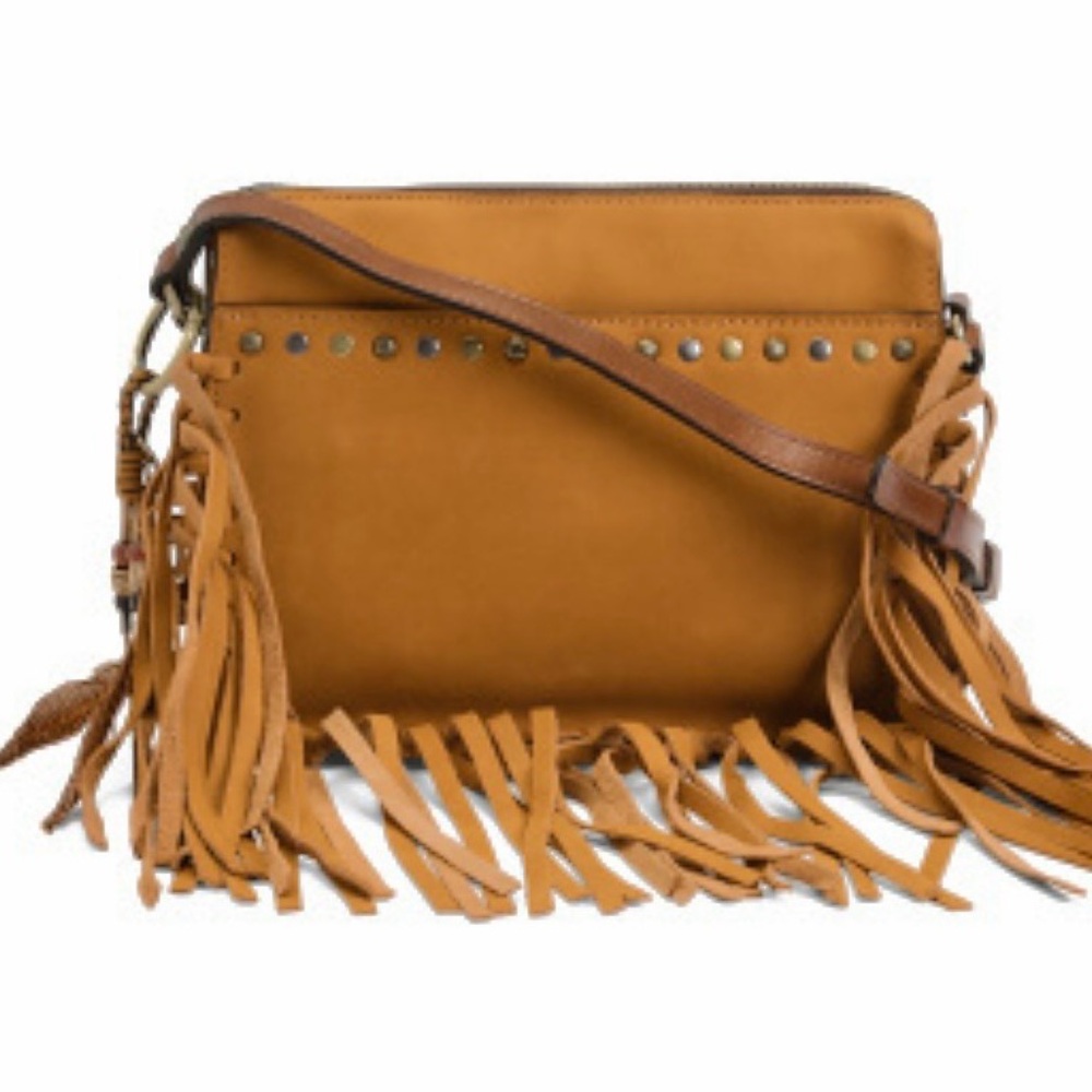 Patricia Nash Tan Leather Crossbody with Fringe with feathers NWT